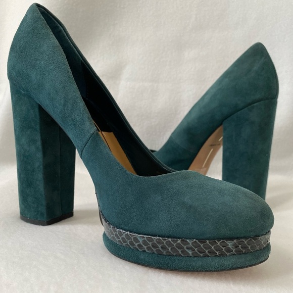Dolce Vita Size 8 1/2 Green Suede Lizard inspired Trim Platform Heeled Pumps - Picture 4 of 14